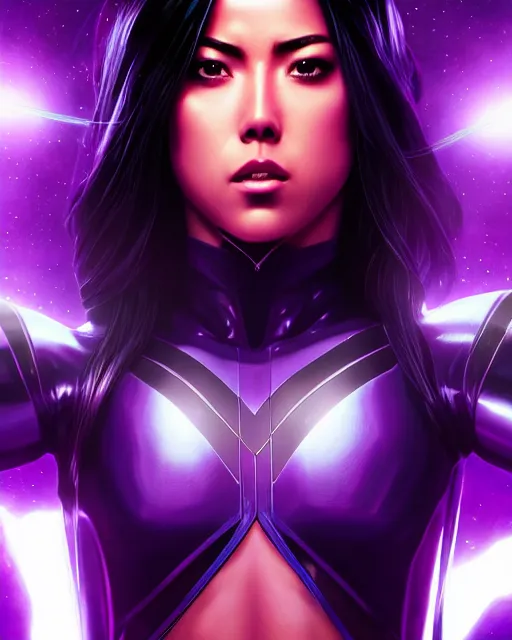 Prompt: Psylocke, Chloe Bennet, long black hair, purple laser sword, realistic character concept, middle shot, action pose, comic book, illustration, slender symmetrical face and body, artstation, cinematic lighting, hyperdetailed, artgerm, 8k, Rafeal Albuquerque comic book art, single face, insanely detailed and intricate, beautiful