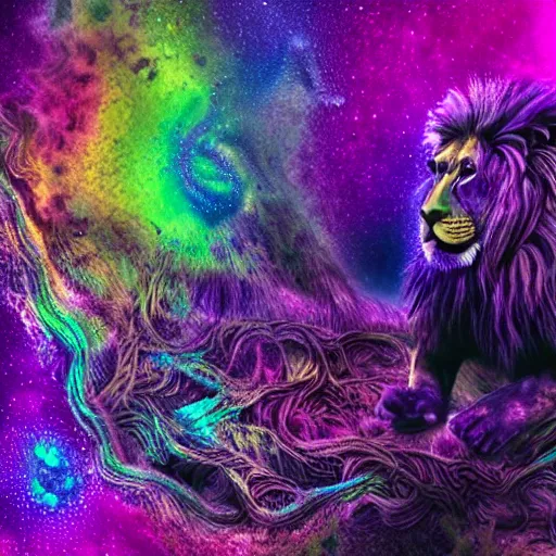 Image similar to a purple speckled lion - like creature, engulfed in twisting glowing iridescent alien flora, with strange rainbow alien flowers, dramatic, no margins, award - winning photography, realism