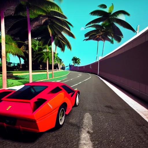 Image similar to a 3D render depicting Outrun videogame. Car from behind. Red Ferrari. Palm trees. Horizon. Unreal Engine. Octane Render. Vray. Arnold Render. Car Shader. 80s Videogame. infinite road. audience around the road. Miami