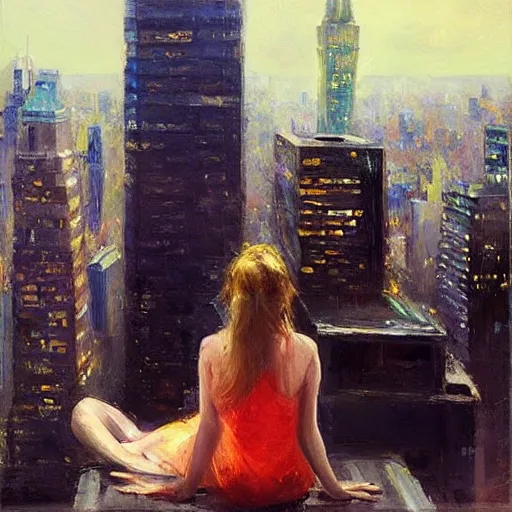 Image similar to “ girl sitting on a roof looking down at a futuristic new york city below, extremely detailed, by daniel gerhartz ”