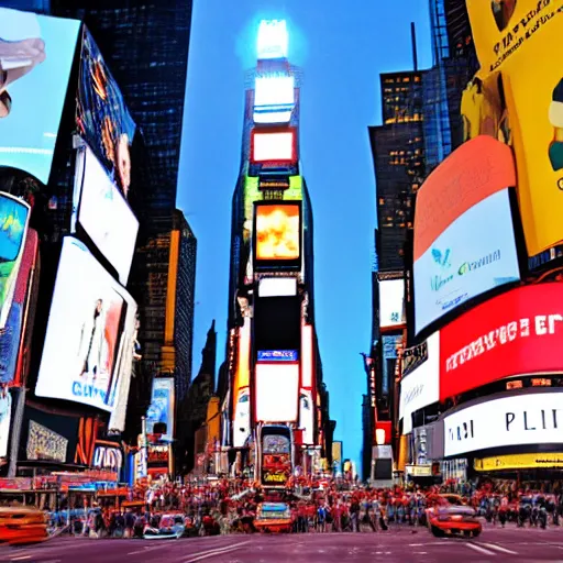 Prompt: a giraffe stand in the intersection at times square