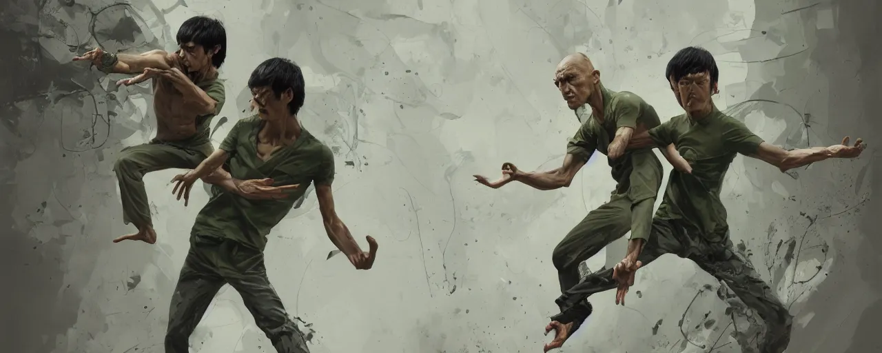 Image similar to duotone olive green grey illustration 3 / 4 portrait of gollum fighting with bruce lee. dynamic chaotic composition accidental renaissance golden ratio. by sachin teng and sergey kolesov and ruan jia and heng z. graffiti art, scifi, fantasy, hyper detailed. octane render. concept art. trending on artstation