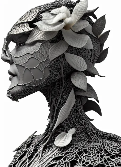 Prompt: bw close - up profile face, black background, beautiful porcelain vegetal dragon cyborg young female, 1 5 0 mm, beautiful natural soft rim light, silver gold details, magnolia leaves and stems, roots, fine lace, mandelbot fractal, elegant, ultra detailed, white metallic armour, octane render, h. r. giger style