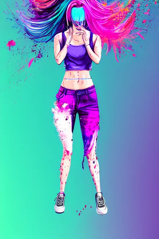 Image similar to a award winning half body portrait of a beautiful woman in a croptop and cargo pants with ombre purple pink teal hairstyle with head in motion and hair flying, paint splashes, splatter, outrun, vaporware, shaded flat illustration, digital art, trending on artstation, highly detailed, fine detail, intricate