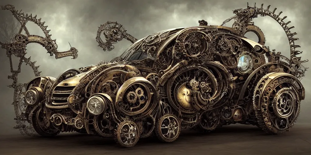 Image similar to biomechanical steampunk vehicle reminiscent of fast sportscar with robotic parts and (glowing) headlights parked in ancient lush palace, gothic and baroque, brutalist architecture, ultradetailed, creepy ambiance, fog, artgerm, giger, Intricate by Ellen Jewett and Josan Gonzalez and Giuseppe Arcimboldo