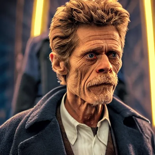 Image similar to willem dafoe as a rough dirty old man with a scruffy beard in a dark blue trenchcoat as the new doctor who, cinematic, volumetric lighting, f 8 aperture, cinematic eastman 5 3 8 4 film, photorealistic