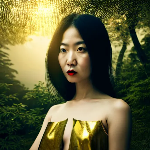 Prompt: innovative avant - garde art, deco fashion, asian women, highly detailed, photorealistic portrait, serene forest setting, golden hour, crisp quality and light reflections, octane render
