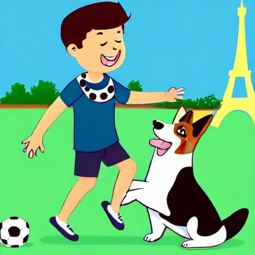 Image similar to illustration of french boy playing football with a corgi wearing a polka dot scarf in paris