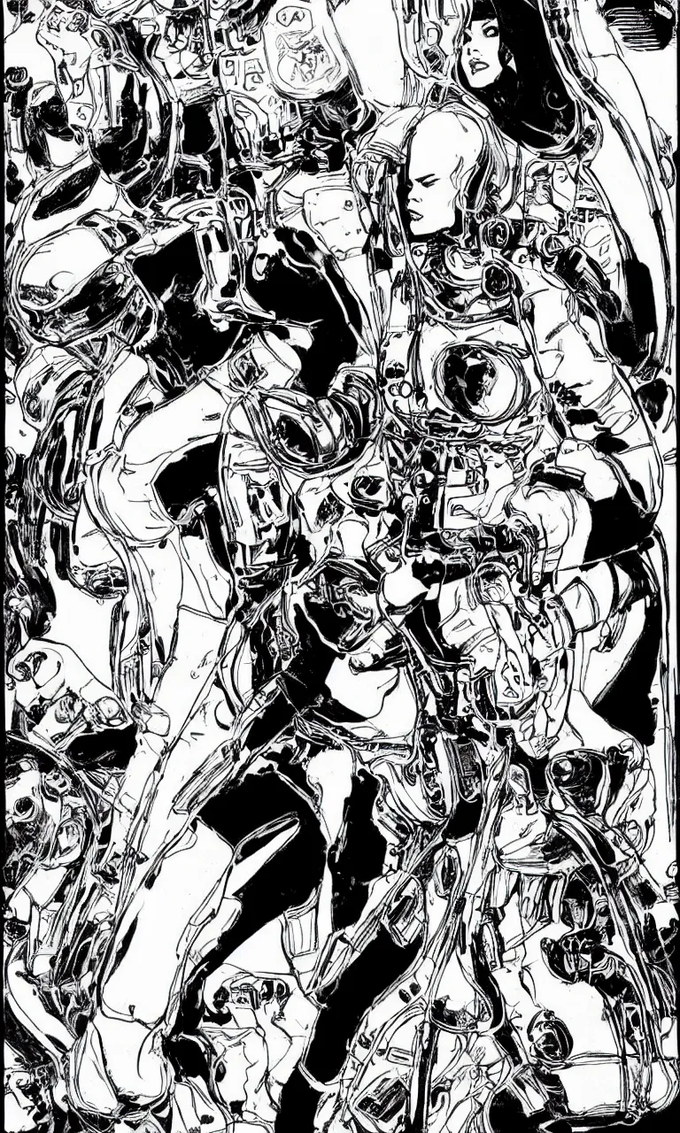 Image similar to black and white comic book art of nicole kidman taking charge in an astronaut suit, jung gi kim, mark schultz, bernie wrightson, jim lee, alphonse mucha