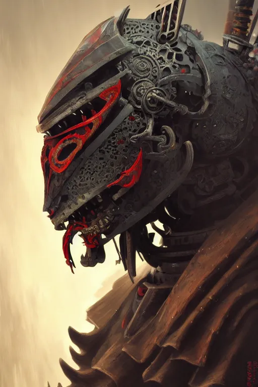 Image similar to robot - demon samurai mask, intricate, elegant, volumetric lighting, scenery, digital painting, highly detailed, artstation, sharp focus, illustration, concept art, luis rollo, ruan jia, steve mccurry, john berkey