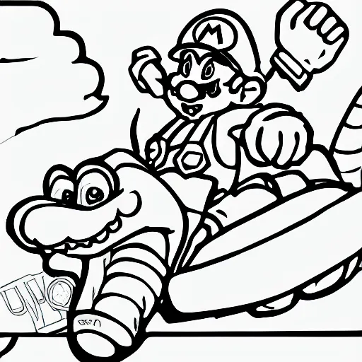 a colouring page of mario riding a dinosaur | Stable Diffusion | OpenArt