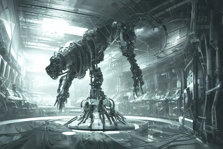 Image similar to robosaurus parallax datacenter server room interior single mono colossus white rusty robot sitting artstation cinematic detailed concept art ultra realistic volumetric light sharp coherent cgsociety symmetric perfect well balanced shadows lotr technogoddess sidwill racks