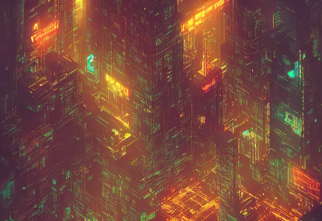 Prompt: a cyberpunk city scape in isometric style, at night with neon lights and advertisements, by Beksinski 4k, deviantart, trending on artstation