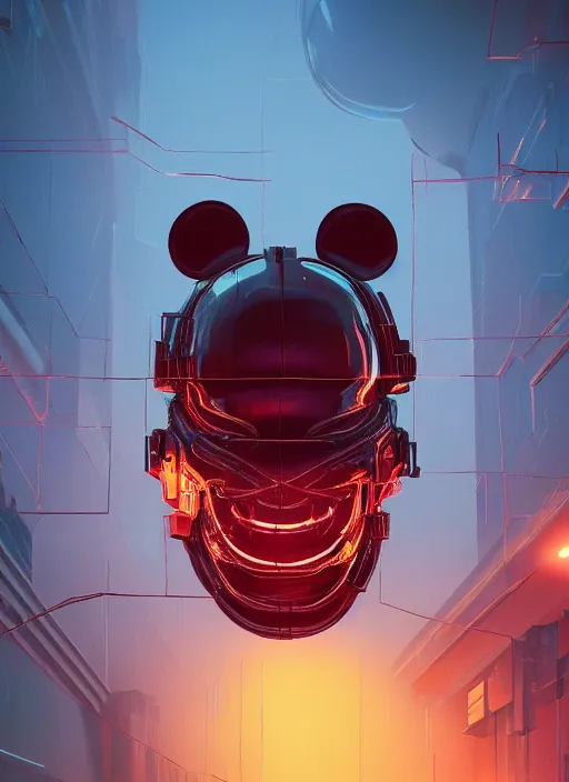 Image similar to giant destroyed head of cyberpunk mickey mouse, inside of netflix office, by beeple, dystopia, golden ratio, octane render, trending on artstation, 8 k