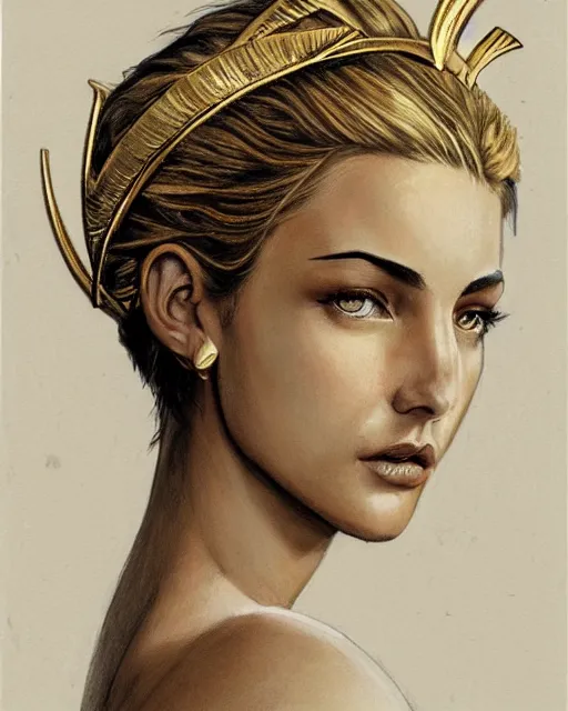 Image similar to front view of beautiful super model aphrodite greek goddess wearing a gold laurel wreath and triangle earrings, realism tattoo sketch, beautiful piercing gaze with sharp pupils, beautiful blonde hair, in the style of greg rutkowski, fantasy, amazing detail, epic, elegant, smooth, sharp focus