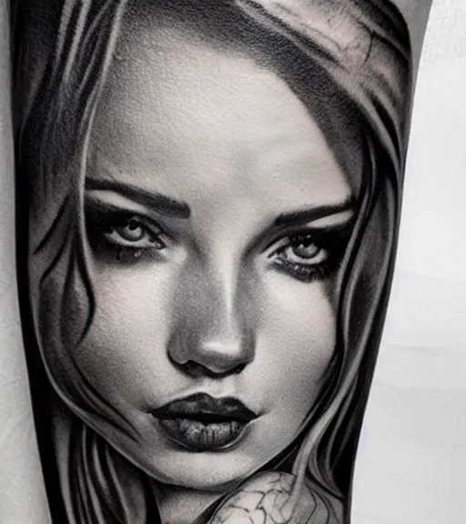 Image similar to tattoo design sketch of a beautiful girl portrait in front of a faded mountain background, in the style of den yakovlev, black and white, realism tattoo, hyper realistic, highly detailed