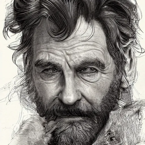 Image similar to medium close up portrait of a old, ruggedly handsome bearded man holding corgi dog, real hands, soft hair, muscular, half body, cloth, d & d, fantasy, intricate, elegant, highly detailed, digital painting, artstation, concept art, smooth, sharp focus, illustration, art by artgerm and greg rutkowski and alphonse mucha