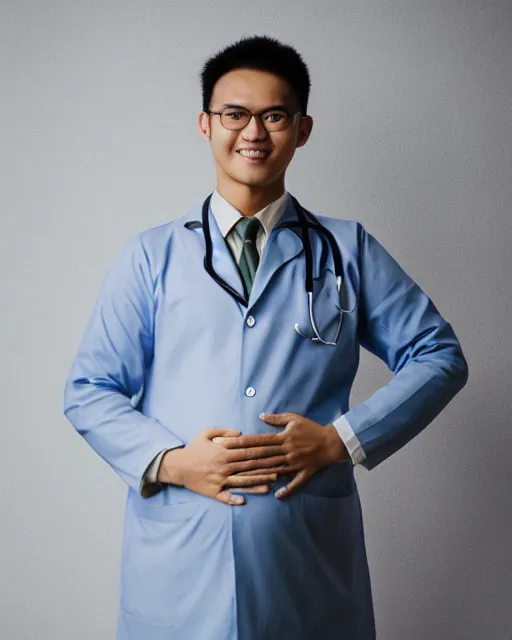 Image similar to Photograph of a handsome young Singaporean male doctor with a big pregnant belly while wearing doctor's coat, high quality photo