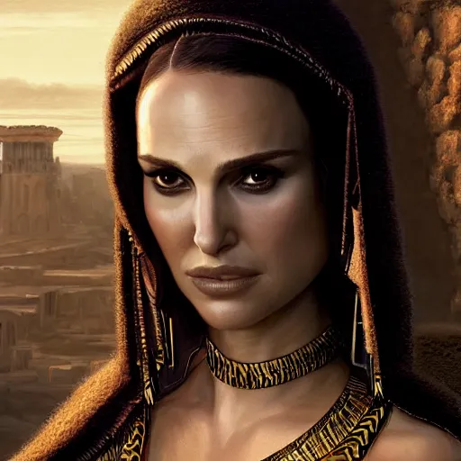 Image similar to closeup portrait of natalie portman as cleopatra, palace background, dramatic light, gorgeous view, depth, high detail, digital art, painted by greg rutkowski and seb mckinnon, neuromancer, trending on artstation