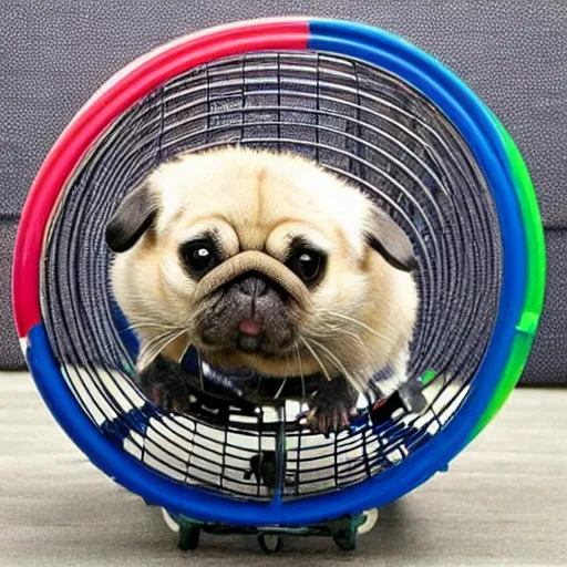 Image similar to a hamster cage with a pug gerbil hybrid inside by the wheel