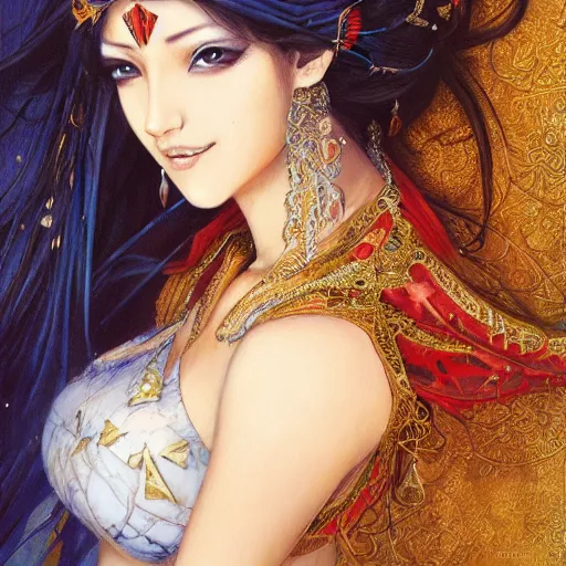 Image similar to a full body beautiful woman wearing a chedda from tlemcen by karol bak, ayami kojima, artgerm, sakimichan, arabian beauty, blue eyes, smile, concept art, fantasy