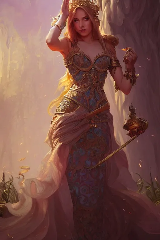 Prompt: Beautiful female princess, Full body shot, D&D, fantasy, intricate, elegant, highly detailed, digital painting, artstation, concept art, matte, sharp focus, illustration, hearthstone, art by Artgerm and Greg Rutkowski and Alphonse Mucha