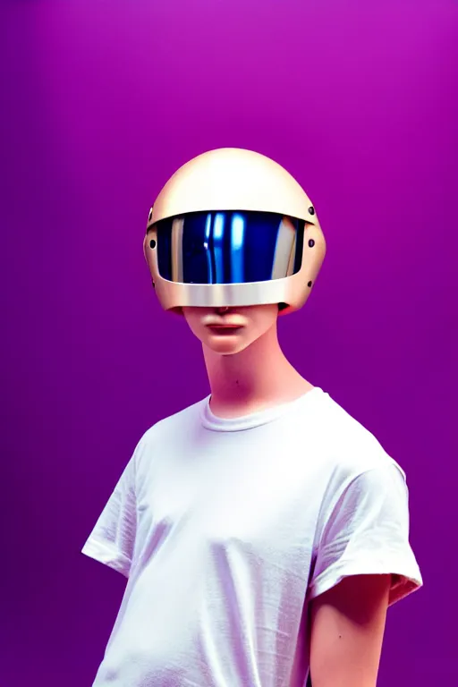 Image similar to a high definition film photograph of a normal androgynous robot human wearing a plain white t - shirt, in a pastel pink room. happy. metal visor covering eyes. metallic shiny gold coloured helmet. crushed shadows.