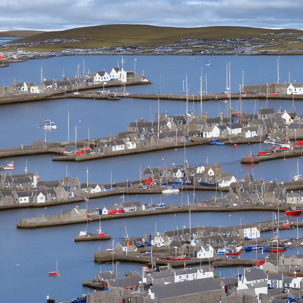 Prompt: a wide angle CCTV photograph of the harbour at Stromness orkne, bokeh