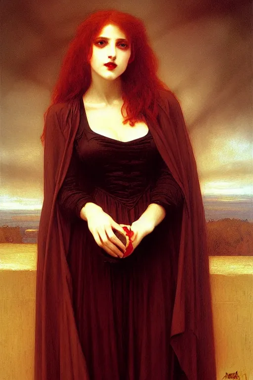 Image similar to vampire in big hate, painting by rossetti bouguereau, detailed art, artstation