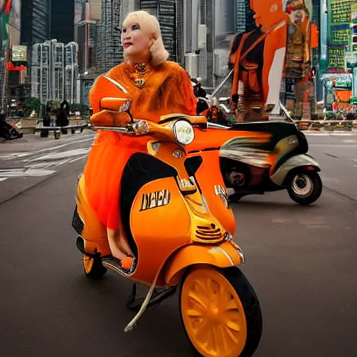 Prompt: the orange - haired vespa queen in hong kong, by stina persson and ruan jia