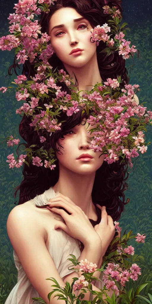 Image similar to surreal beautiful young woman, sitting with flowers, detailed gorgeous face turning into a tree, leaves, dark, ominous, sad eyes, vaporwave aesthetic, synthwave , digital painting, artstation, concept art, smooth, sharp focus, illustration, art by artgerm and greg rutkowski and alphonse mucha