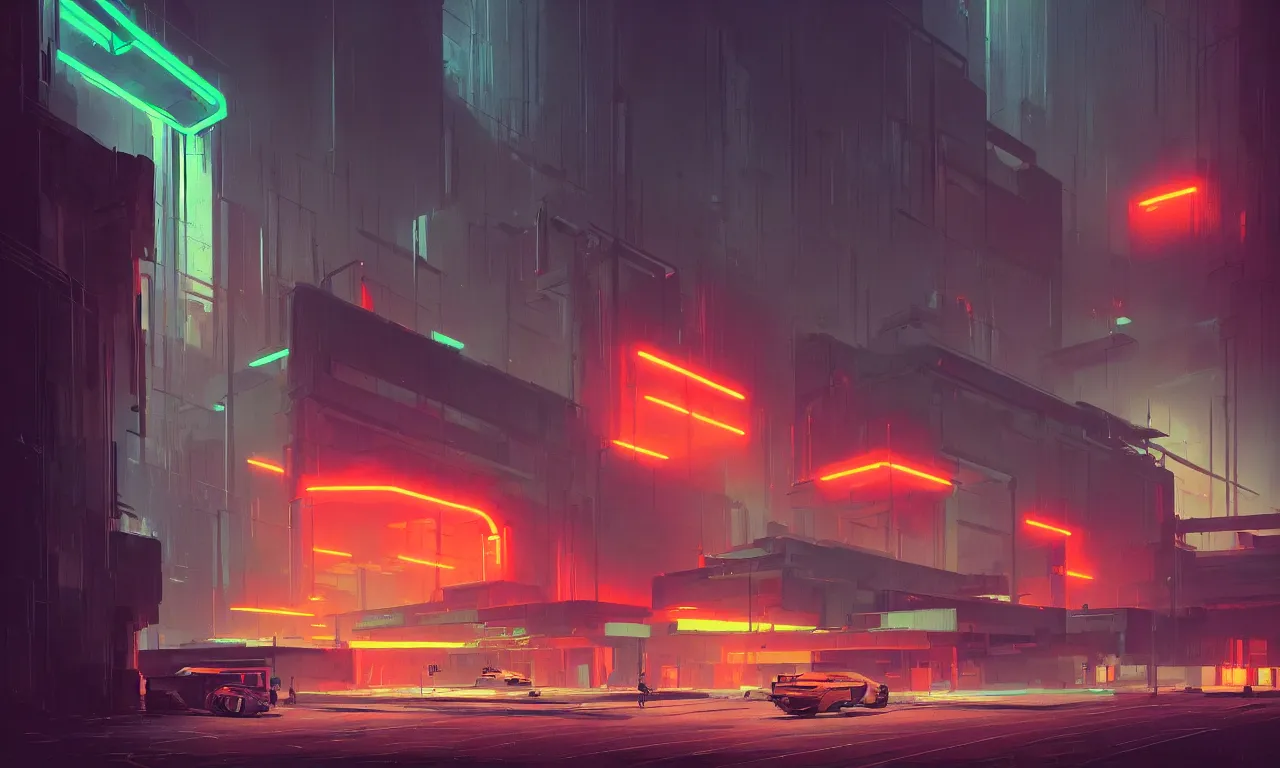 Image similar to simple brutalist architecture, colorful neon lighting, neon signs, greg rutkowski, syd mead, ralph mcquarrie, concept art, matte painting, highly detailed, rule of thirds, dynamic lighting, cinematic, detailed, denoised, centered