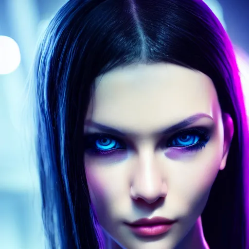 Prompt: realistic detailed portrait of Cyberpunk woman, portrait, long dark hair, cyber implants, Cyberpunk, Sci-Fi, science fantasy, glowing skin, full body, beautiful girl, extremely detailed, sharp focus, model