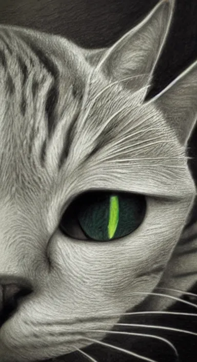 Image similar to highly detailed realistic pencil sketch portrait of a beautiful cat with big green eyes in front of the universe