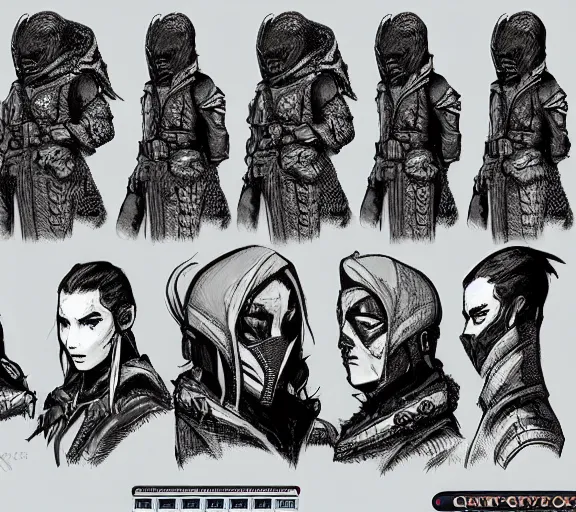 Image similar to video game concept art character sheet, high fantasy, rogue, thief, leather clothing