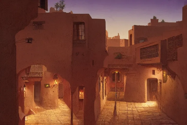 Prompt: in the middle of a adobe house kasbah town, mud and brick houses, merchant street, pueblo architecture, colorful crowd. Scenic view at night, underexposed, clean horizon, matte painting by raphael lacoste and marc simonetti and craig mullins and christophe vacher, trending on artstation