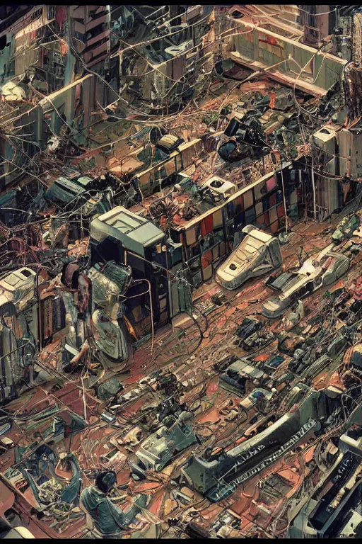 Image similar to a hyper-detailed cyberpunk illustration of a group of female androids' bodies torn apart, with cables and wires coming out, lying scattered in various poses over an empty floor, by masamune shirow and katsuhiro otomo, seen from above, japan 1980s, no background