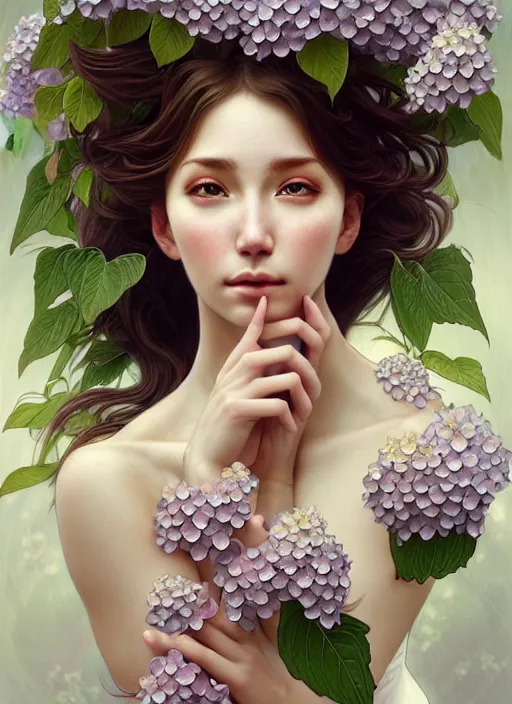 Image similar to realistic photographic perfect portrait of a anthropomorphic hydrangea blossom, fantasy, wind blowing hair, intricate, elegant, highly detailed, digital painting, artstation, concept art, smooth, super sharp focus, illustration, art by artgerm and h r giger and alphonse mucha