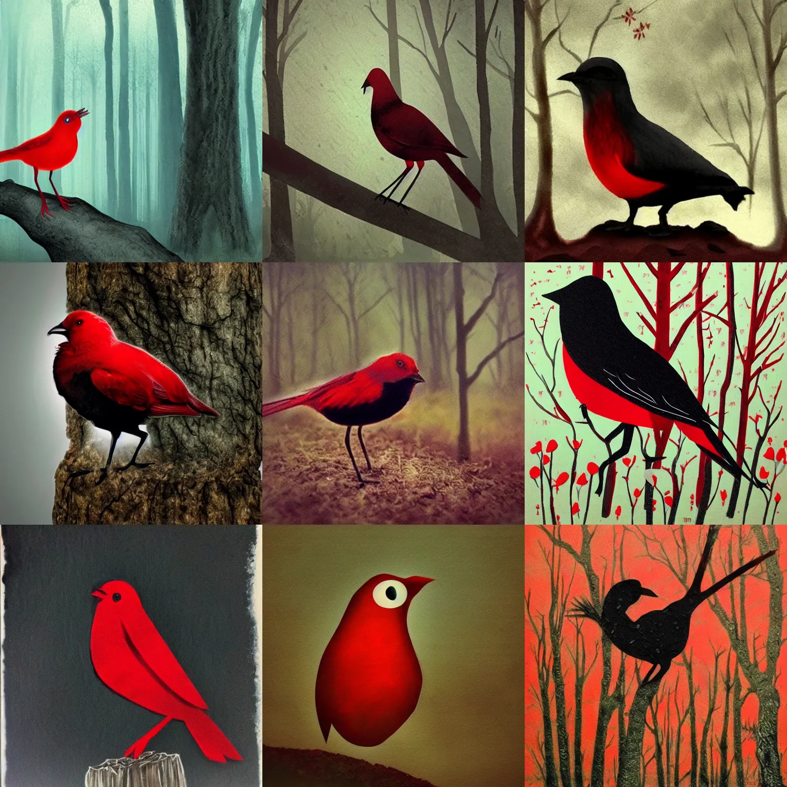 Prompt: red omsk bird with black head in dark mushroom forest eerie foggy art