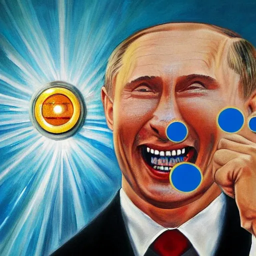 Prompt: a beautiful complex painting of putin pushing a button for a nuclear bomb while he's laughing