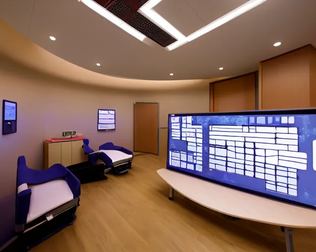 Prompt: The zen environment of the hospital room of the future, in a futuristic spaceship, with calming bright lights and a welcoming Japanese rose pattern wall and a breathtaking wooden floor, a doctor and her patient look at a computer screen showing medical graphs