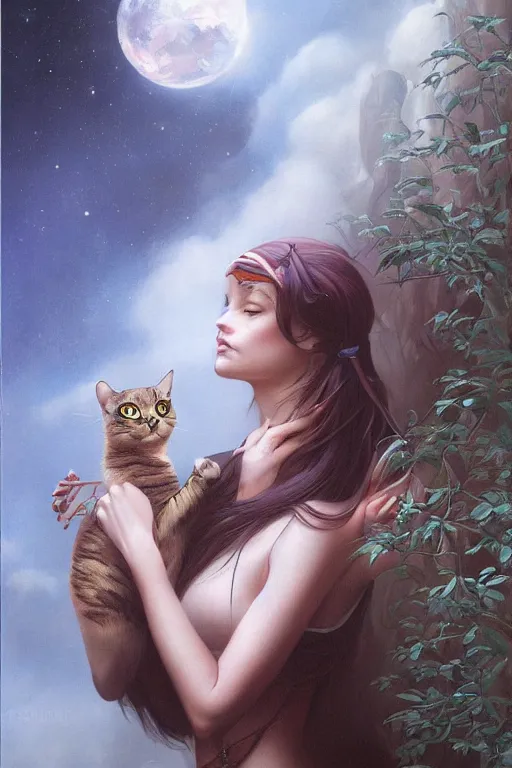 Image similar to A beautiful girl and her cat by Gerald Brom, Mark Arian, Artgerm