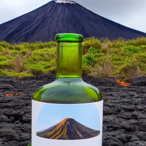 Image similar to symmetrical photo of small bottle standing, volcano background