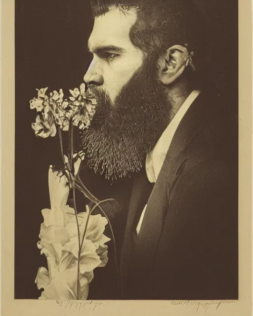 Prompt: a man's face in profile, long beard, flowers spraying out of his mouth, in the style of the Dutch masters and Gregory Crewdson, dark and moody