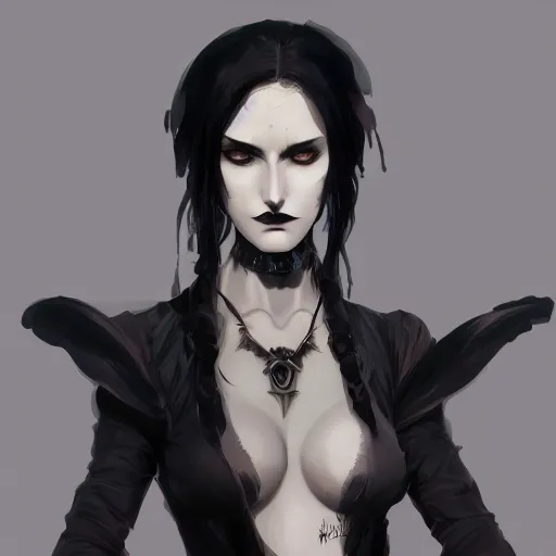 Image similar to female goth human vampire witch in the style of greg rutkowski, makoto shinkai, trending on artstation, character design, concept art, pretty face, highly detailed, portrait digital art