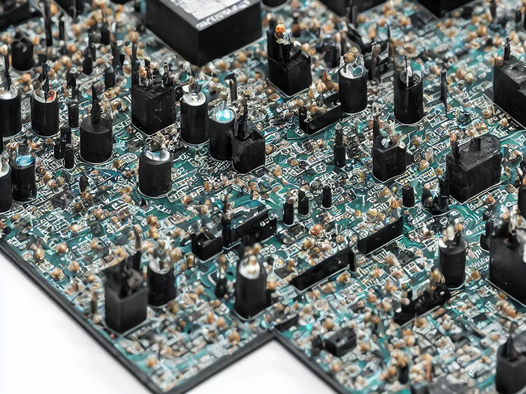 Prompt: transistor army having a melee with resistors on a printed circuit board, studio closeup photo, studio lighting, very detailed, lots of action, sparks flying