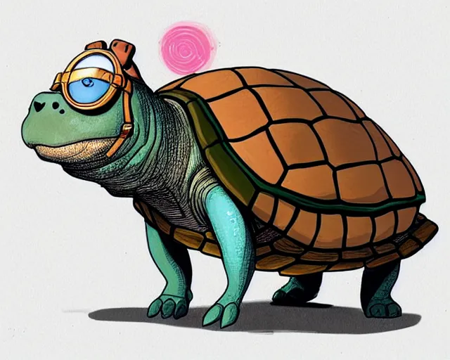 Image similar to cell shaded cartoon of an adorable turtle with a bulldog's head wearing goggles from moving castle ( 2 0 0 4 ), concept art by josan gonzales and wlop, by james jean, victo ngai, david rubin, mike mignola, deviantart, art by artgem