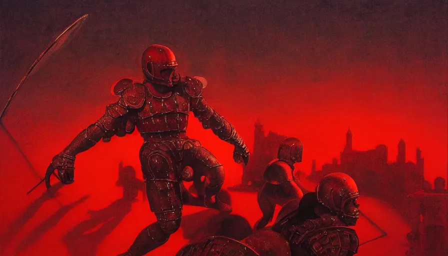 Image similar to only with red, an armored gladiator in a crowded roman amphitheatre, crowd cheering, in the style of beksinski and edward hopper and rodcenko and yue minjun and rolf armstrong, intricate and epic composition, red by caravaggio, highly detailed, masterpiece, red light, artstation