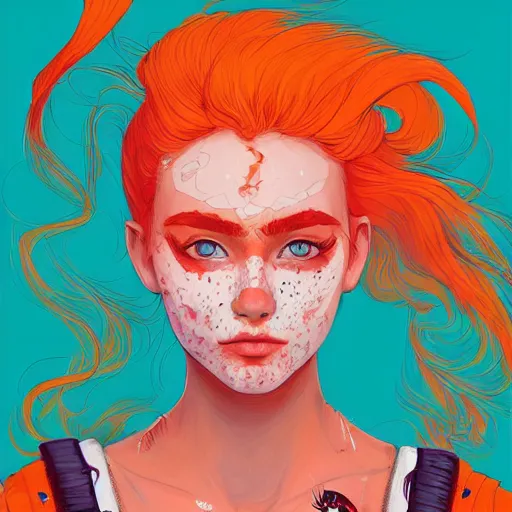 Prompt: portrait painting of a teenage girl with swept back wild orange hair, fashionable, windy, face paint, sharp focus, award - winning, trending on artstation, masterpiece, highly detailed, intricate. art by josan gonzales and moebius and deathburger