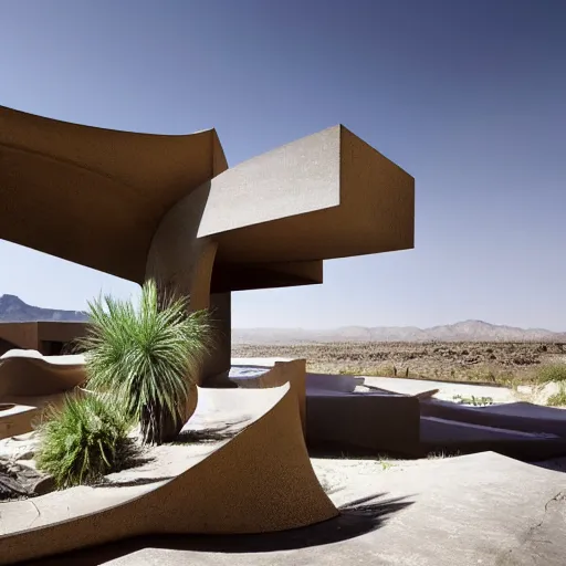 Prompt: brutalism conceptual hotel in the desert, biophilia mood, pool, garden, highly detailed, cinematic, photorealistic,